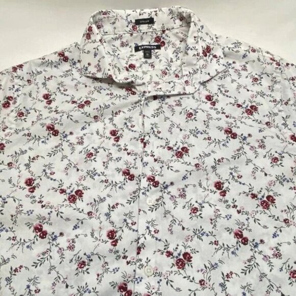 Express Button Up Shirt Men's XL White Red Rose Floral Print Extra Slim Fit EUC - Picture 12 of 12